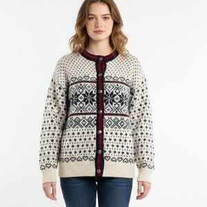 LL Bean Vintage Nordic Fair Isle Wool Sweater M Cream Multi Knit Button Front